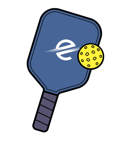 Grafische Darstellung eines Tischtennisschl&auml;gers mit gelbem Ball, auf dem ein "e"-Logo abgebildet ist.