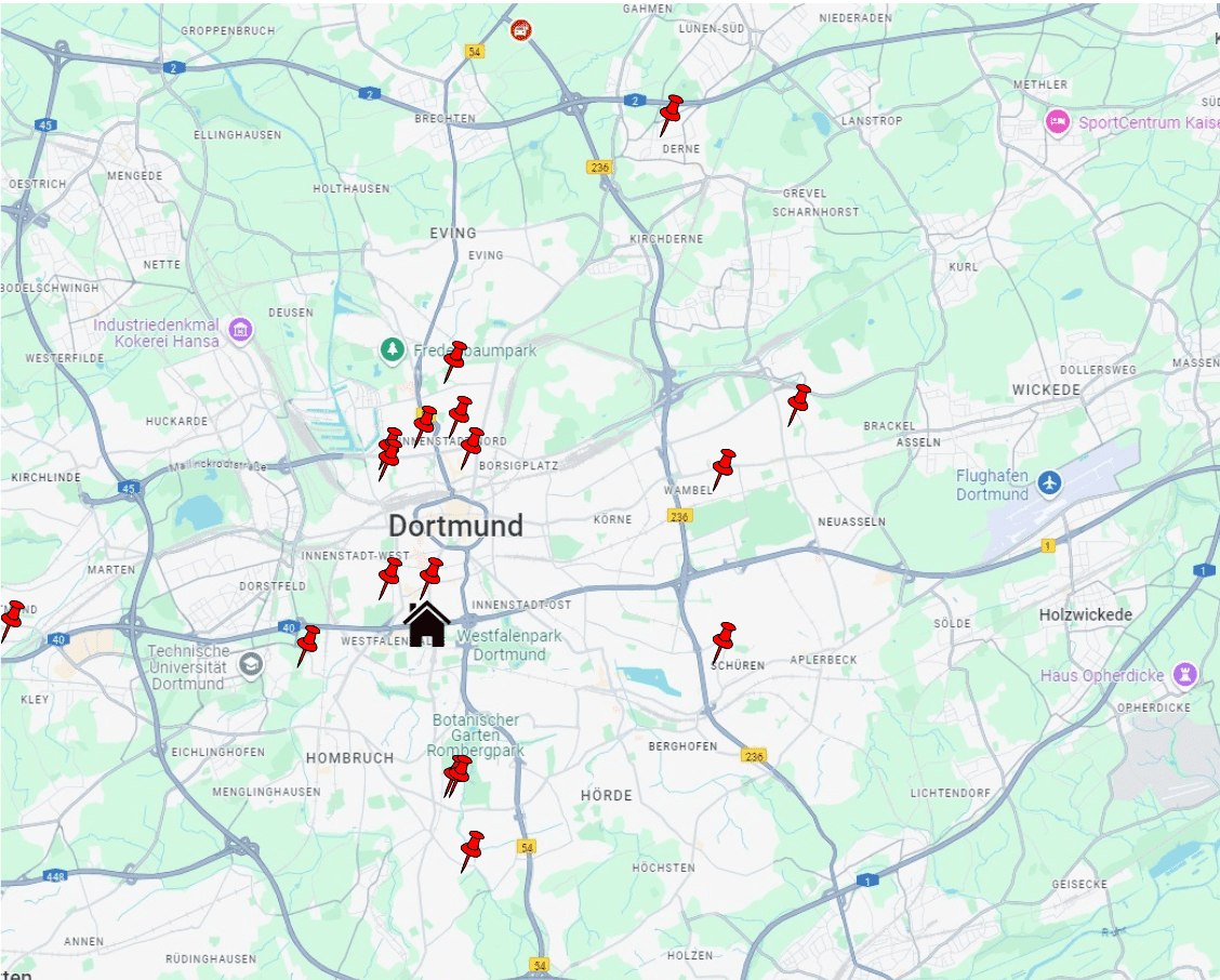 Karte von Dortmund mit roten Markierungen, die verschiedene Standorte in der Stadt anzeigen.