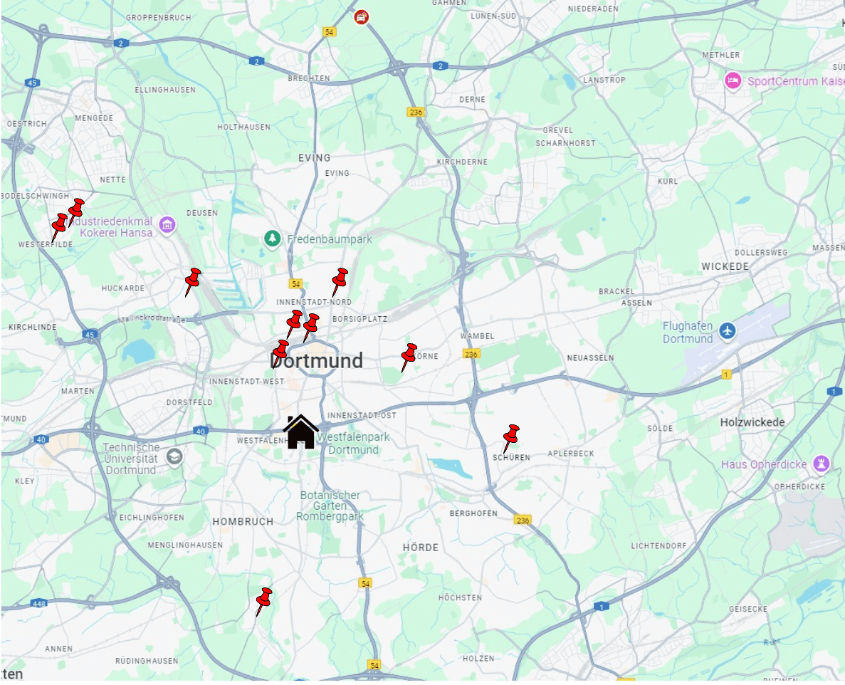 Karte von Dortmund mit markierten Standorten, darunter eine schwarze Hausikon und Verkehrspunkte.