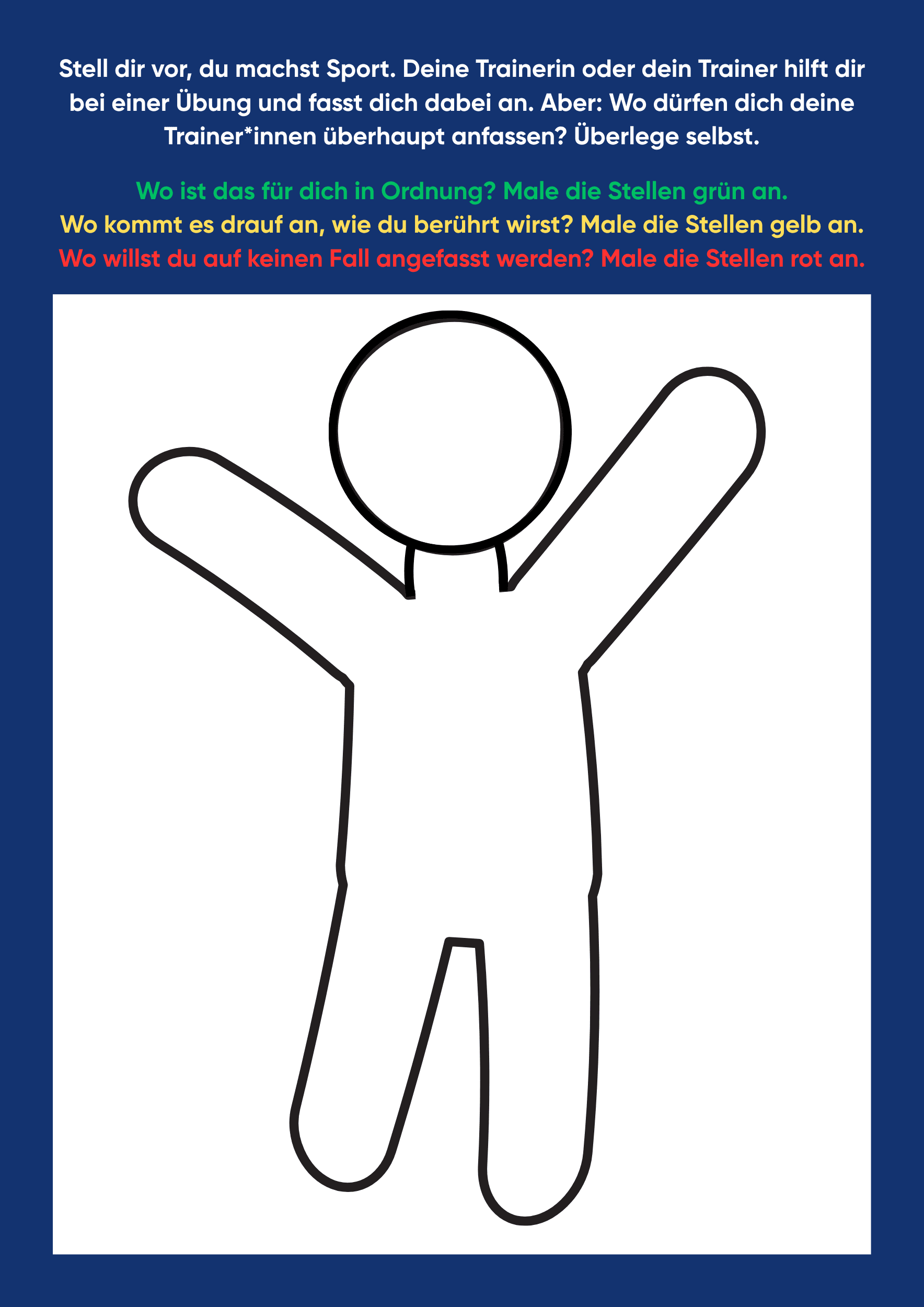 Strichzeichnung eines Menschen mit offenen Armen auf wei&szlig;em Hintergrund, umgeben von Fragen zur K&ouml;rperber&uuml;hrung im Sport.