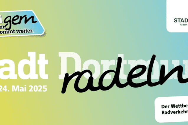 Logo mit dem Text &bdquo;Stadt radeln&ldquo; und Infos zu einem Fahrradwettbewerb in Dortmund vom 4. bis 24. Mai 2025.