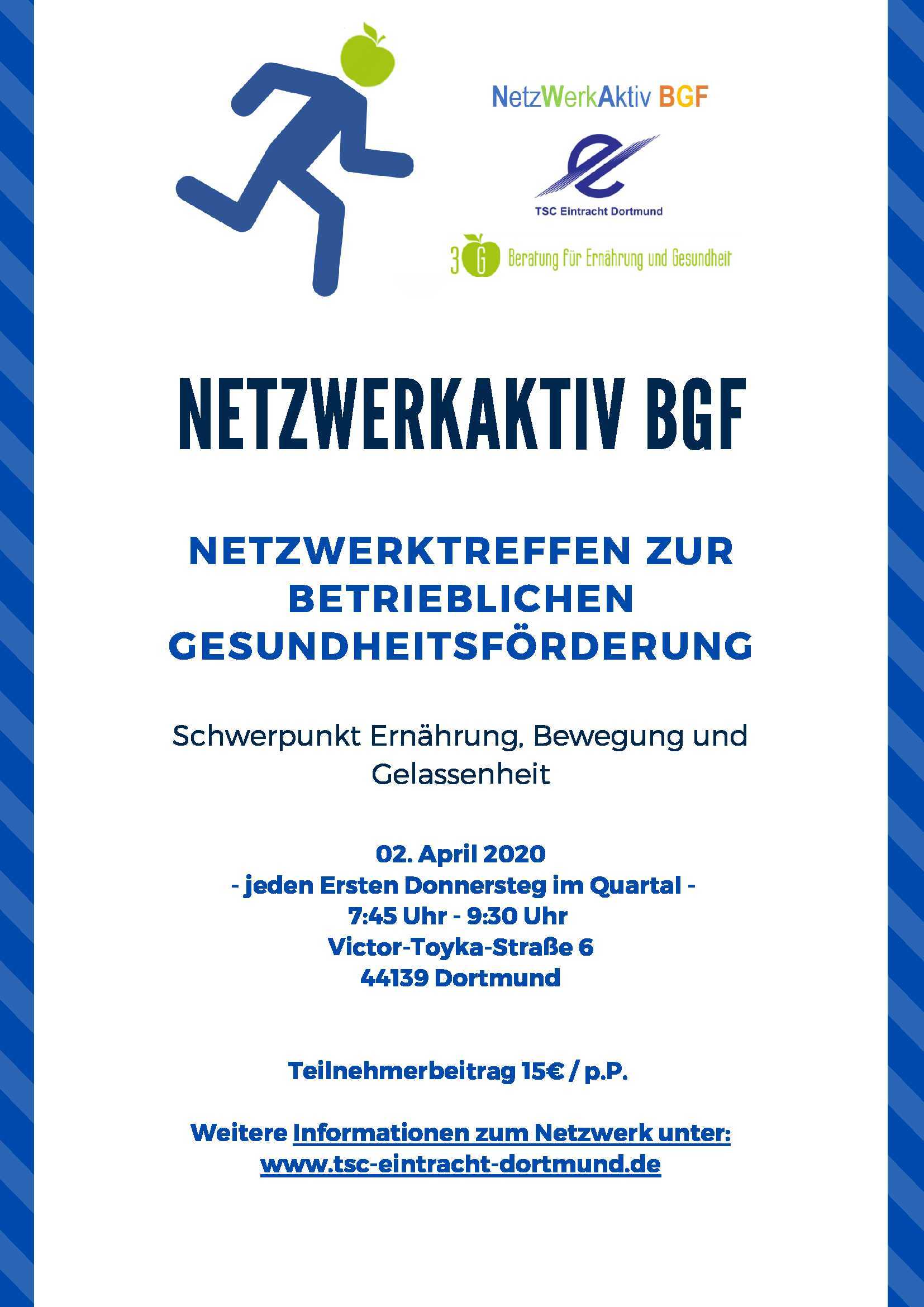 Plakat für Netzwerktreffen zur betrieblichen Gesundheitsförderung mit Informationen zu Datum, Uhrzeit und Themen.