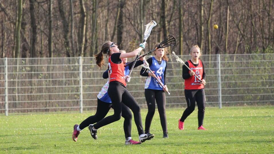 Vier Lacrosse-Spielerinnen befinden sich im Wettkampf auf einem grünen Spielfeld. Eine wirft den Ball.