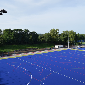 Blick auf einen blauen Sportplatz mit Linien und Toren, umgeben von B&auml;umen und weiteren Sportanlagen.