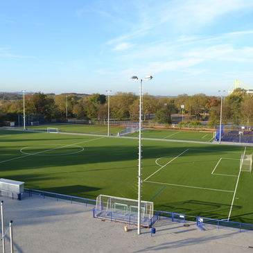 Luftaufnahme eines leeren Fu&szlig;ballplatzes mit Rasen und zwei Toren, umgeben von B&auml;umen und blauen Z&auml;unen.