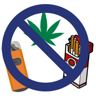 Symbol mit einem Verbotsschild, umgeben von einer Marihuanapflanze, einer Zigarettenschachtel und einem Vape.