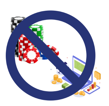 Illustration eines Computers mit Grafiken zu Glücksspielen und gestapelten Poker-Chips, von einem durchgestrichenen Symbol umgeben.