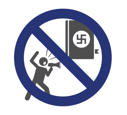 Symbol mit durchgestrichenem Menschen, der mit Megafon gegen ein Buch mit Hakenkreuz protestiert.