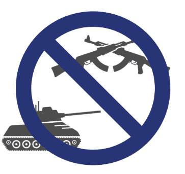 Symbol mit einem Tank und zwei Gewehren, durch ein rotes Verbotssymbol eingezeichnet, das Gewalt ablehnt.