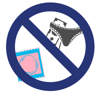 Symbol mit durchgestrichenem Kondom und schwarzer Unterhose auf einem blauen Hintergrund, um anzuzeigen, dass etwas verboten ist.