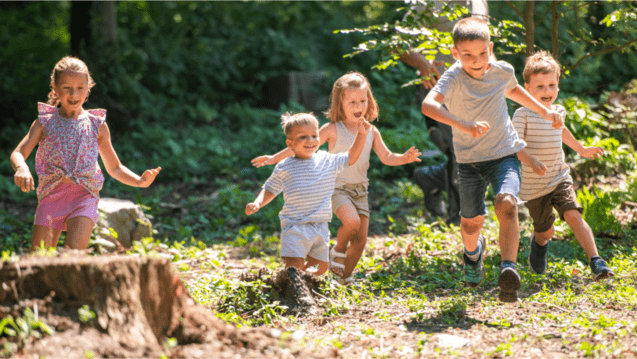 F&uuml;nf Kinder rennen fr&ouml;hlich durch einen sonnigen Wald, umgeben von gr&uuml;ner Natur und Baumst&uuml;mpfen.