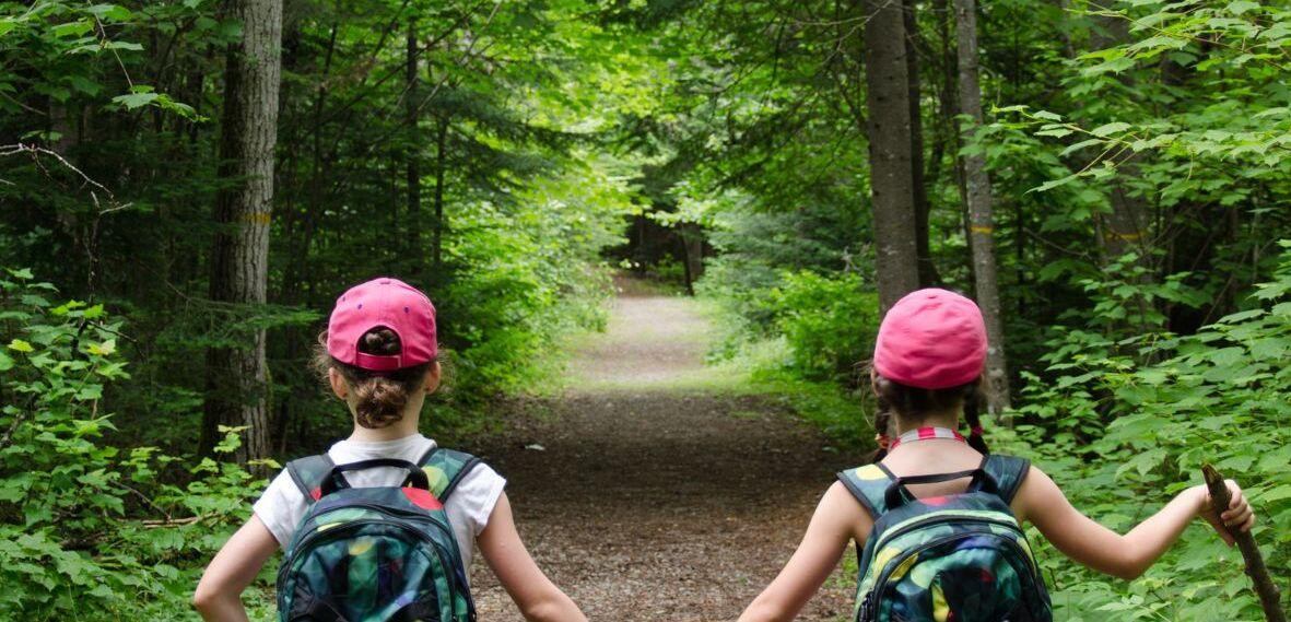 Zwei Kinder mit Rucksäcken halten Händchen und gehen einen schmalen Weg durch einen bewaldeten Bereich.