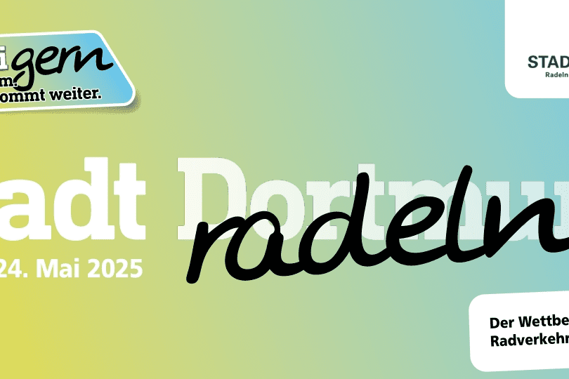 Logo mit dem Text &bdquo;Stadt radeln&ldquo; und Infos zu einem Fahrradwettbewerb in Dortmund vom 4. bis 24. Mai 2025.
