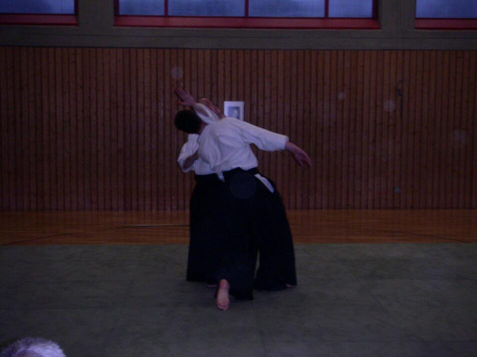 Zwei Personen führen eine Aikido-Technik auf einer Matte in einer Sporthalle aus. Hintergrund mit Holzvertäfelung.