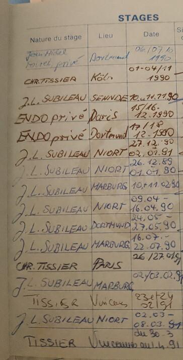 Liste mit Daten und Orten von Praktika, handschriftlich in einem Heft dokumentiert.