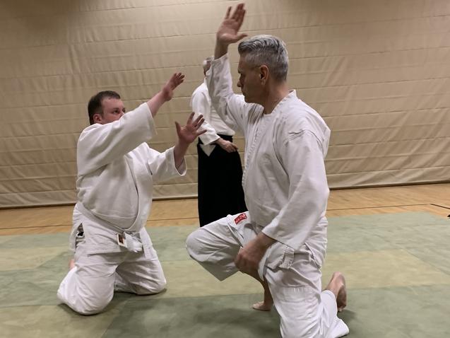 Zwei Aikido-Praktizierende in wei&szlig;en Gew&auml;ndern &uuml;ben eine Technik auf einer gr&uuml;nen Matte in einer Sporthalle.