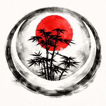 Bambuspflanzen silhouettieren vor einem roten Sonnenkreis in einem kreisf&ouml;rmigen, aquarellierten Rahmen.