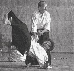 Zwei Kampfkünstler in weißen Anzügen führen eine Aikido-Technik auf einer Matte aus.