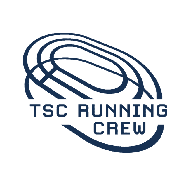 Logo der TSC Running Crew mit geschwungenen Linien in Blau und dem Text „TSC RUNNING CREW“ in Großbuchstaben.