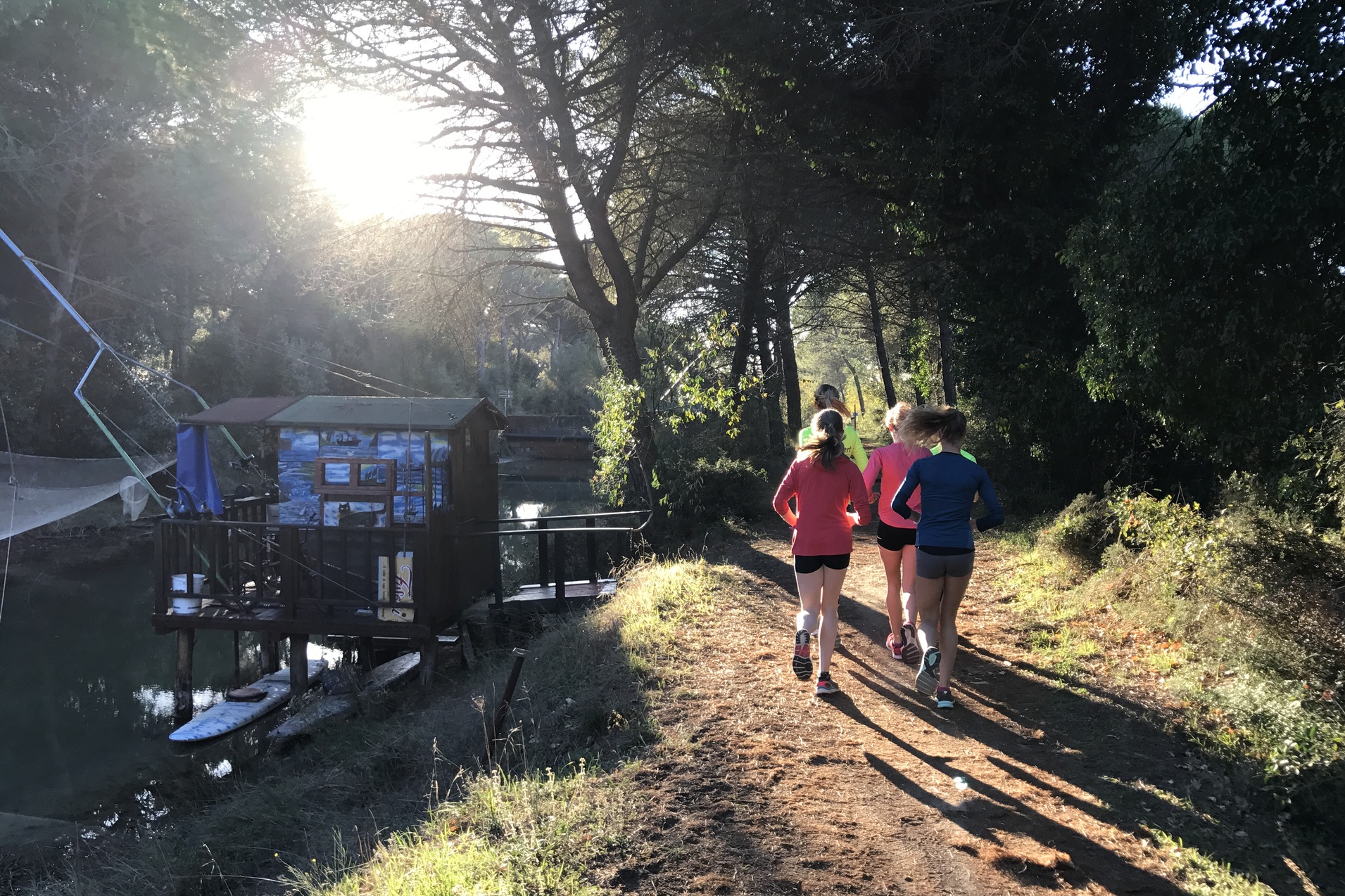 Drei Frauen joggen auf einem Pfad entlang eines Gew&auml;ssers, umgeben von B&auml;umen und Sonnenlicht im Hintergrund.
