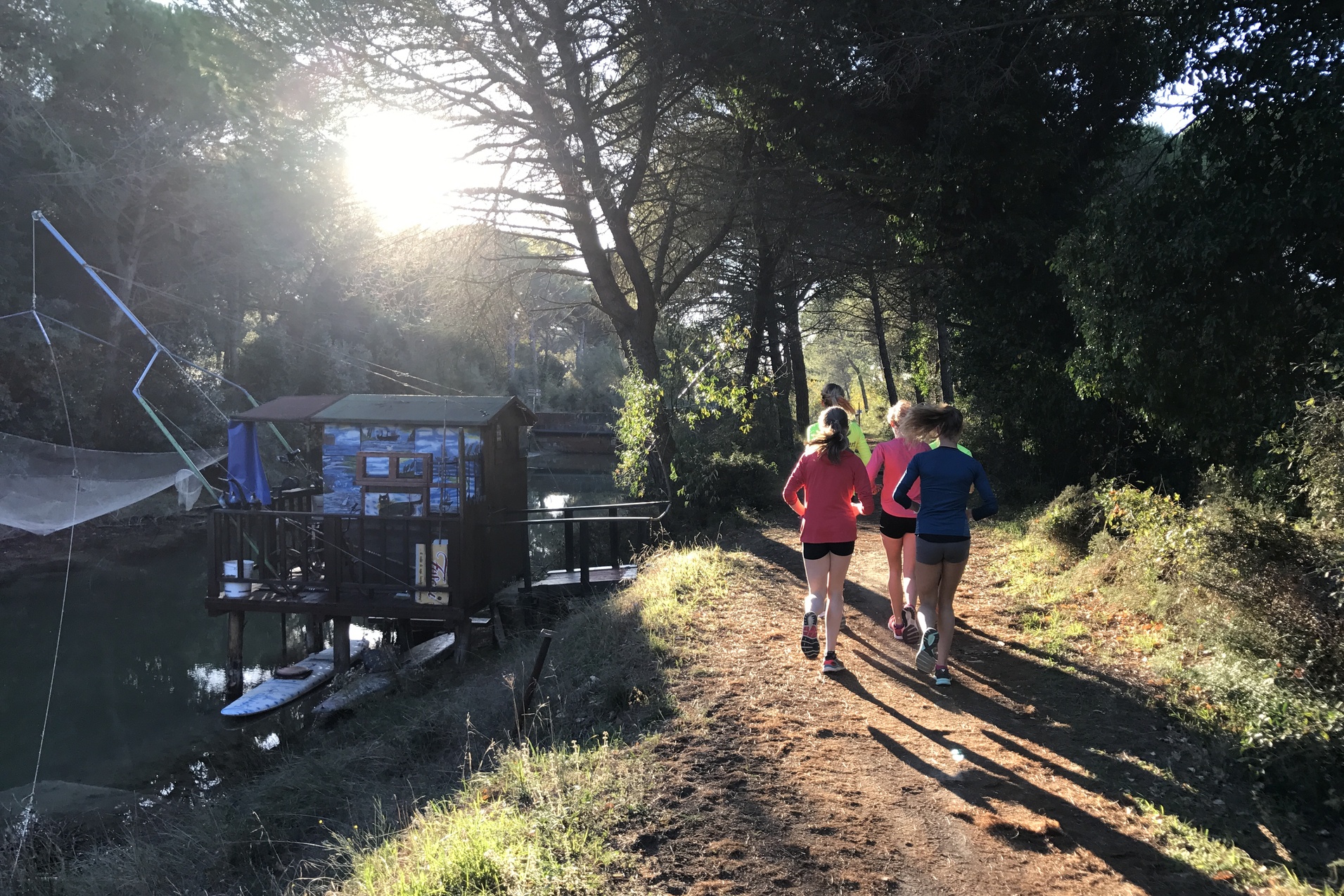 Drei Frauen joggen auf einem Pfad entlang eines Gew&auml;ssers, umgeben von B&auml;umen und Sonnenlicht im Hintergrund.