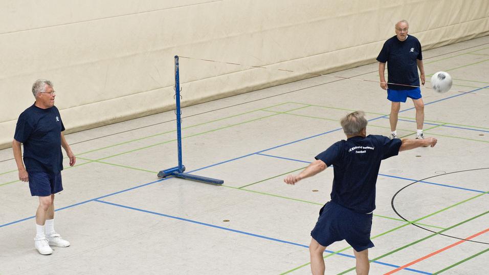 Drei M&auml;nner in Sportkleidung spielen Volleyball in einer Sporthalle mit Netzkonstruktion und markierten Spielfeldern.