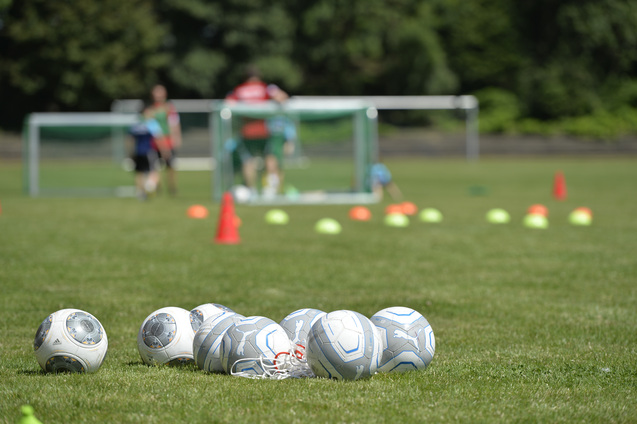 Mehrere Fu&szlig;ballb&auml;lle liegen auf einem Rasenplatz, im Hintergrund trainieren Spieler vor zwei Toren.