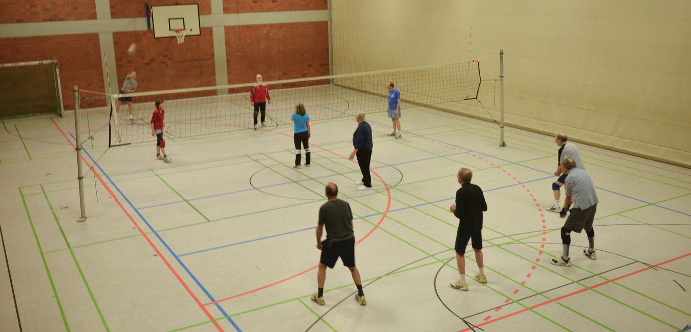 Eine Gruppe von sieben Menschen spielt Volleyball in einer Sporthalle mit Netzen und farblichen Spielfeldmarkierungen.
