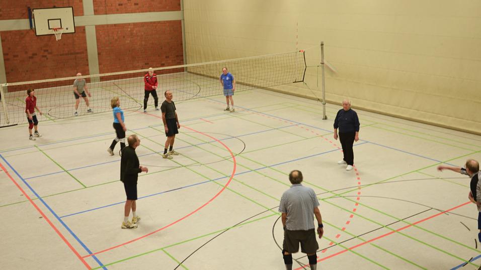 Gruppe von Spielern beim Volleyballspiel in einer Sporthalle mit Netzen und bunten Linien auf dem Boden.