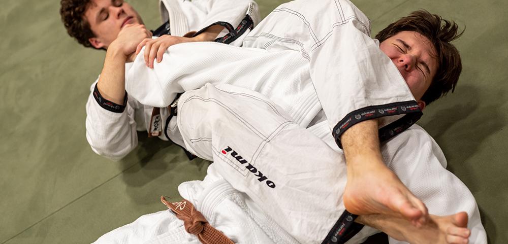Zwei K&auml;mpfer in wei&szlig;en Gi-Kleidung &uuml;ben Grappling-Techniken auf einer gr&uuml;nen Matte im Training.