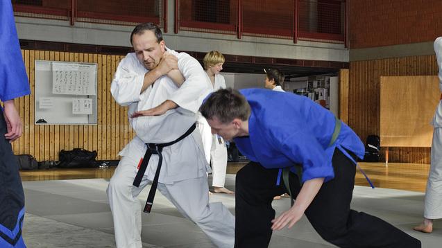 Zwei Judokas üben Techniken auf einer Matte, während andere im Hintergrund verschiedene Übungen durchführen.