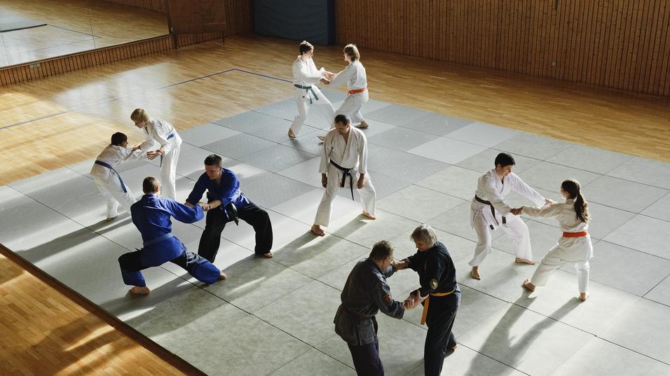Verschiedene Kampfsportler trainieren auf einer Tatami in einer Sporthalle, einige in wei&szlig;en, andere in blauen Anz&uuml;gen.