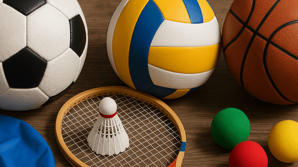 Drei Sportb&auml;lle (Fu&szlig;ball, Volleyball, Basketball) sowie ein Badmintonschl&auml;ger und buntes Spielzeug auf einem Tisch.
