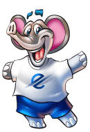Bunte, cartoonhafte Darstellung eines fröhlichen Elefanten in T-Shirt und Shorts mit einem großen Lächeln.
