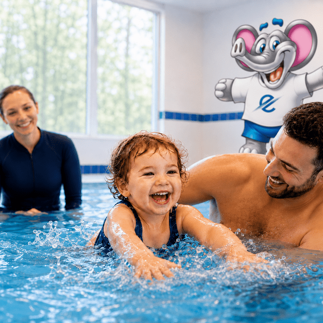 Lächelnde Familie im Schwimmbecken mit einem Kind, das im Wasser planscht, während Erwachsene zuschauen.
