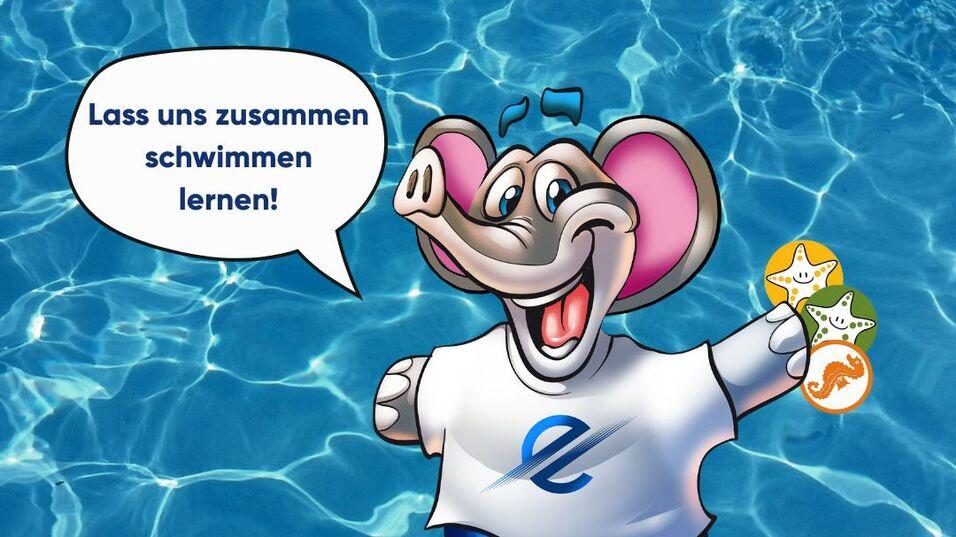 Illustration eines fröhlichen Elefanten im Wasser mit Sprechblase „Lass uns zusammen schwimmen lernen!“