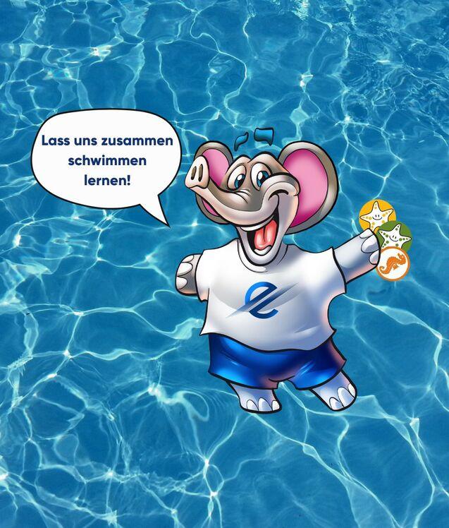 Illustration eines fröhlichen Elefanten im Wasser mit Sprechblase „Lass uns zusammen schwimmen lernen!“