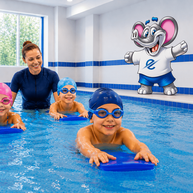 Kinder mit Schwimmnudeln üben unter Anleitung einer Trainerin im Schwimmbad, lächelnd mit Schwimmbrillen und Badekappen.