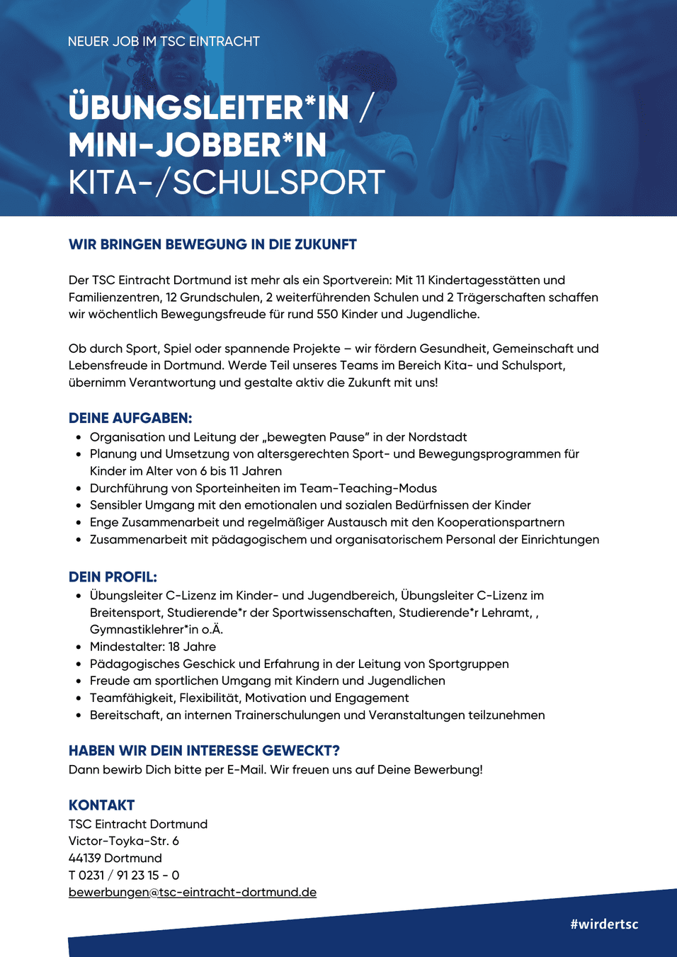 Stellenangebot für Übungsleiter*in und Mini-Jobber*in im Bereich Kita- und Schulsport des TSC Eintracht Dortmund.