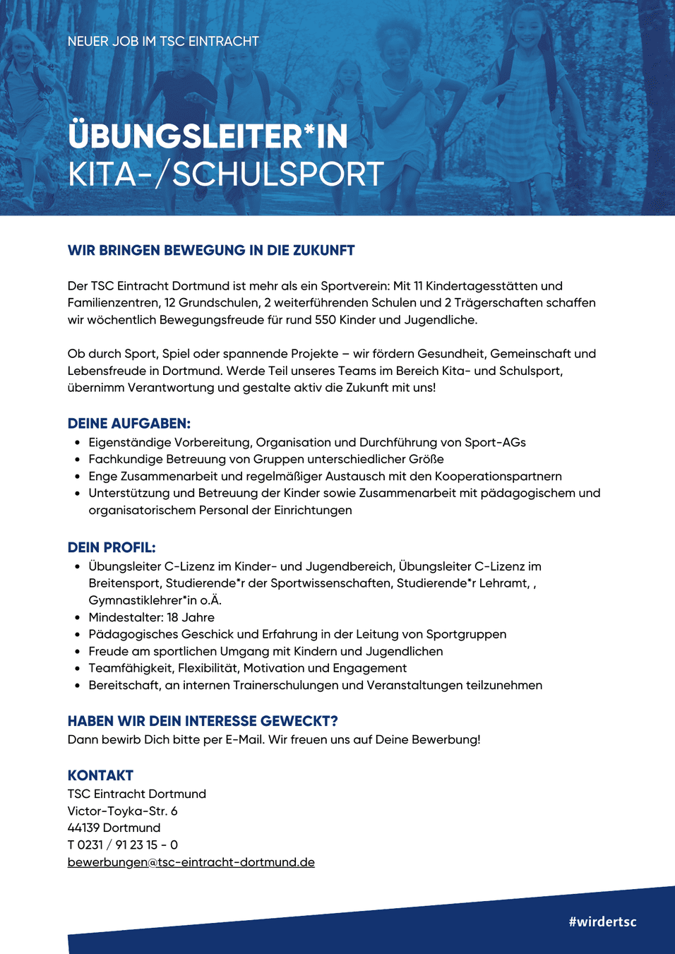 Stellenanzeige für Übungsleiter*in im Kita- und Schulport des TSC Eintracht Dortmund mit Aufgabenbeschreibung und Kontaktinformation.