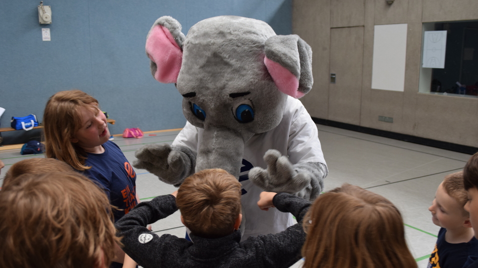 Ein Elefantenmaskottchen interagiert spielerisch mit mehreren Kindern in einer Sporthalle.
