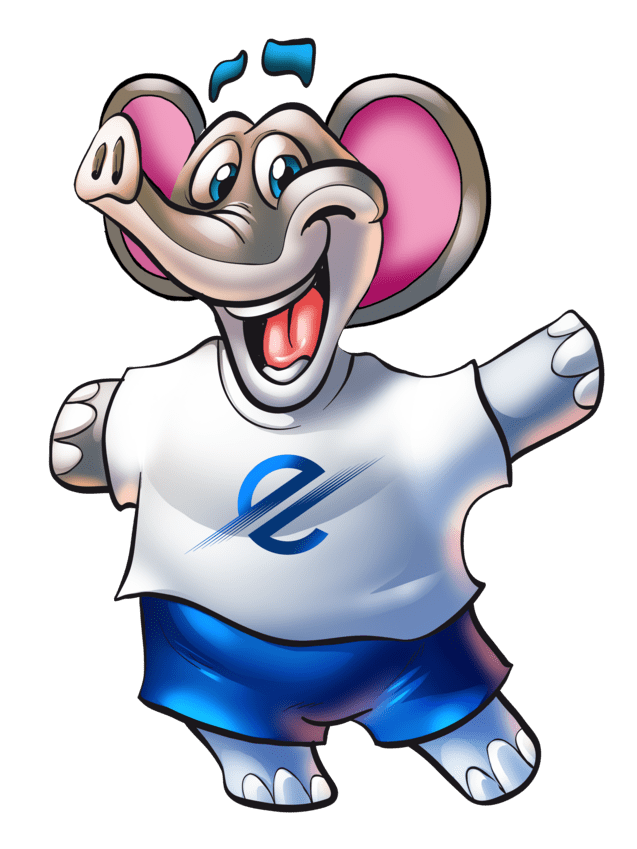 Cartoonartiger Elefant mit breitem Lächeln, T-Shirt mit Logo und blauen Shorts, hebt beide Arme fröhlich.