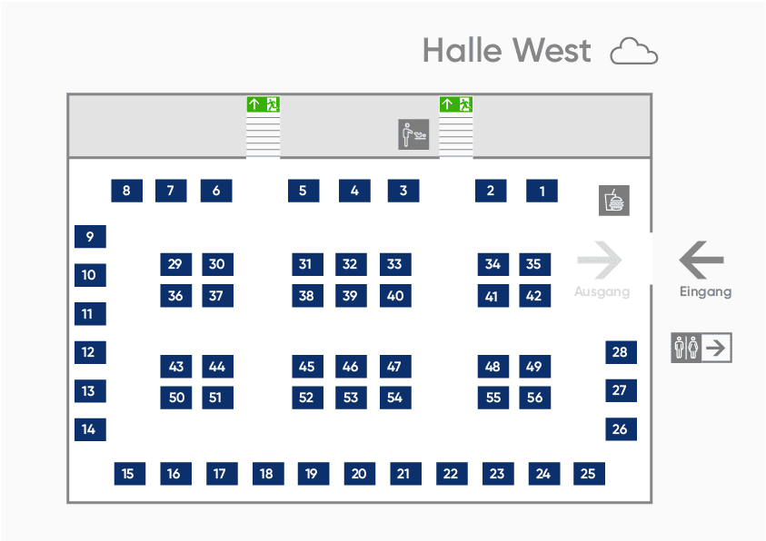 &Uuml;bersichtskarte der Halle West mit Sitznummern, Ausg&auml;ngen und Einrichtungen.