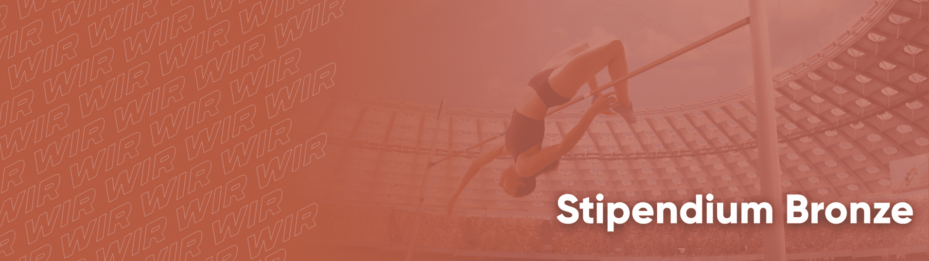 Athlet springt &uuml;ber eine Hochsprunglatte im Stadion, im Hintergrund eine teils ausgef&uuml;llte Trib&uuml;ne. Text: "Stipendium Bronze".