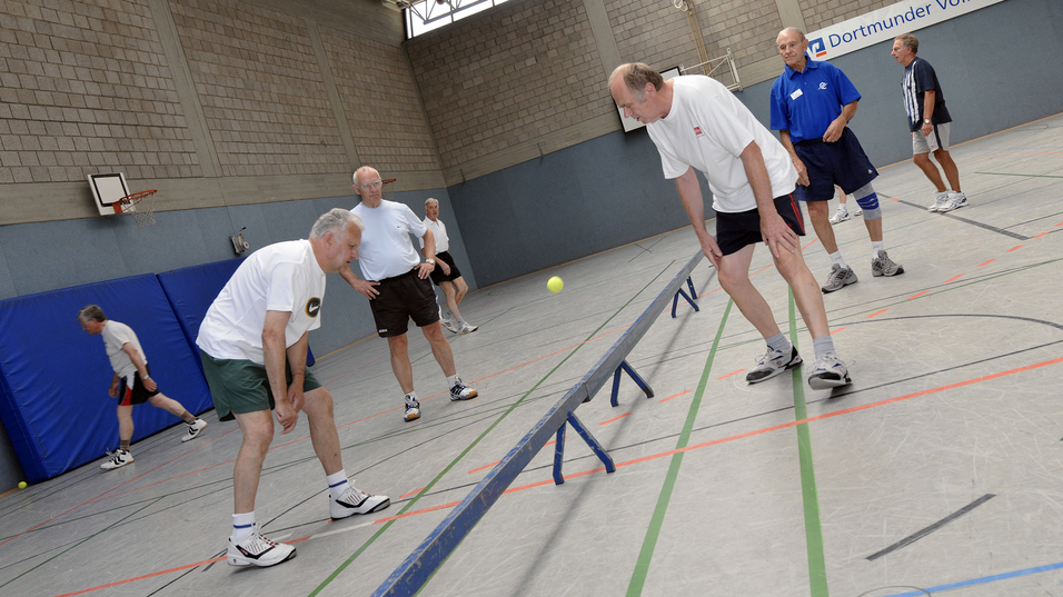 Gruppe &auml;lterer M&auml;nner beim Training in einer Sporthalle, mit einem Ball und Hindernissen auf dem Hallenboden.