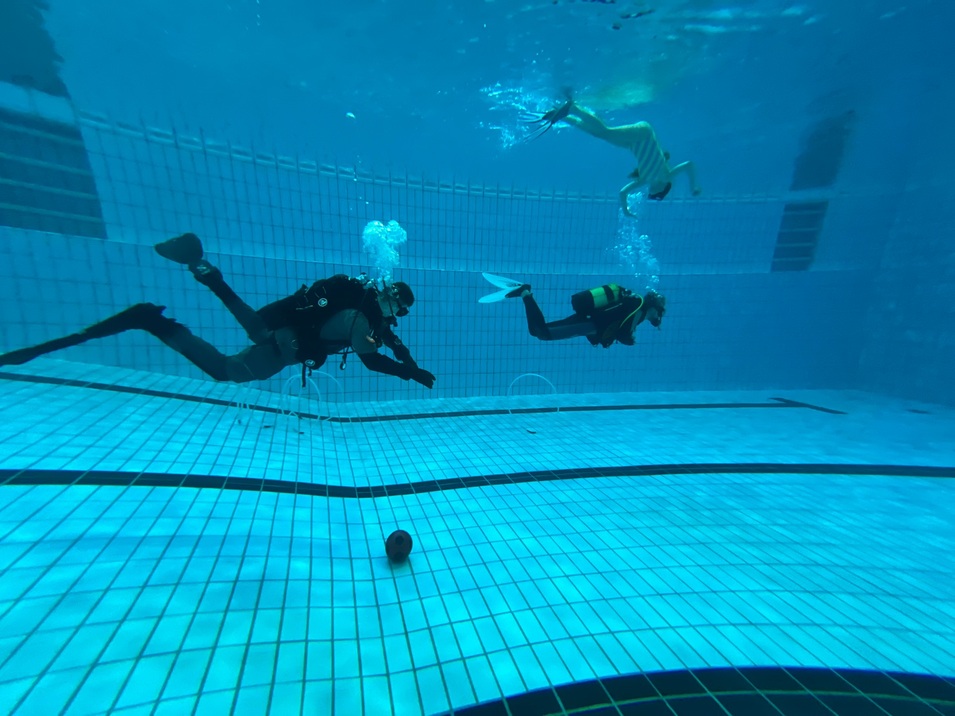 Drei Taucher schwimmen unter Wasser in einem Pool, einer mit Sauerstoffger&auml;t, zwei ohne.