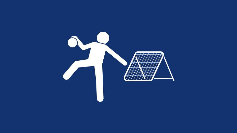 Symbol einer Person, die einen Ball auf ein Tor wirft, vor einem blauen Hintergrund.