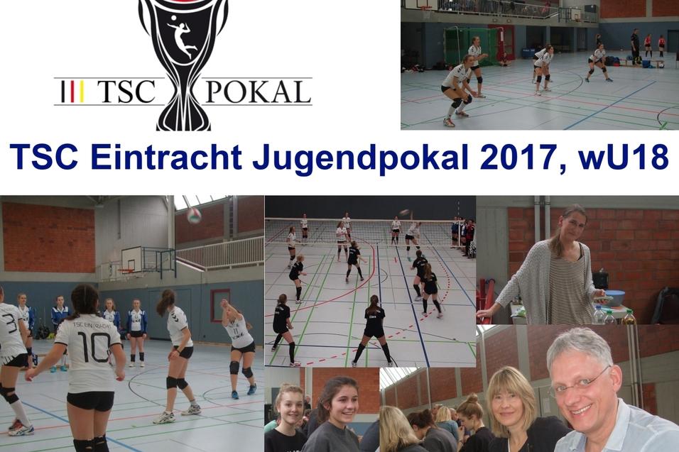 Collage vom TSC Eintracht Jugendpokal 2017, wU18: Volleyballspielerinnen, Trainerin und Zuschauer in der Sporthalle.