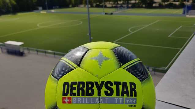 Hand hält einen leuchtend gelben Futsal-Ball der Marke DERBYSTAR vor einem Fußballfeld mit blauen Linien und Bäumen.