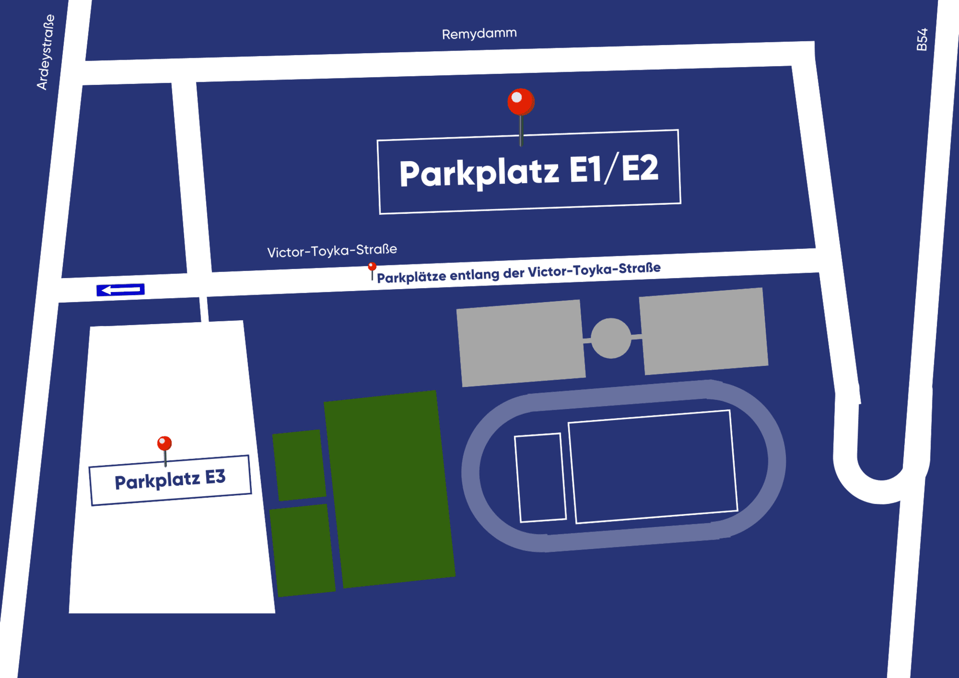 Übersichtskarte mit Parkplätzen E1/E2 und E3 entlang der Victor-Toyka-Straße. Straßen und Bereiche sind markiert.